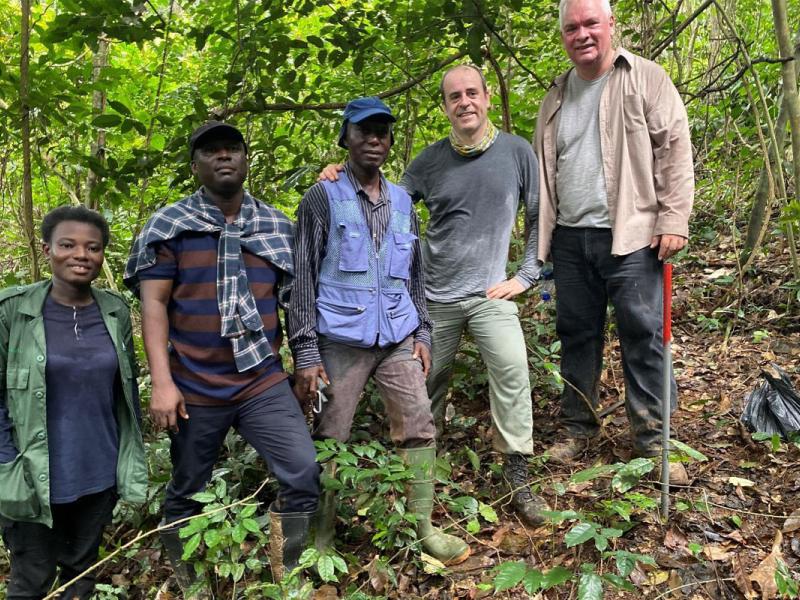 Photo Credit: FAO/ Asdúbal Calderón Caption: From left to right, Lizzie Bekoe; Samuel Ayesu, Forestry Commission in Kumasi; Prof. Stephen Adu-Bredu, FORIG; Javier García Pérez, National Forest Inventory Analyst for FAO; and Asdrúbal Calderón, FAO's consultant for Ghana’s National Forest Inventory (NFI) design, in Apedwa Forest Reserve, Ghana.