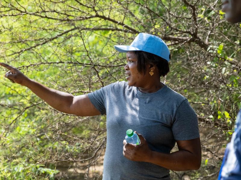 A woman guides a tour through the forest