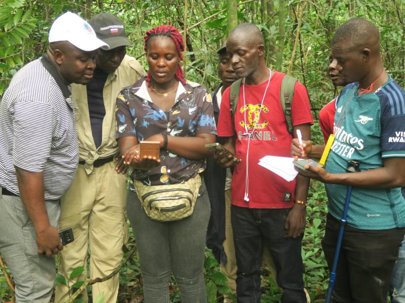 Group of people talking in the woods