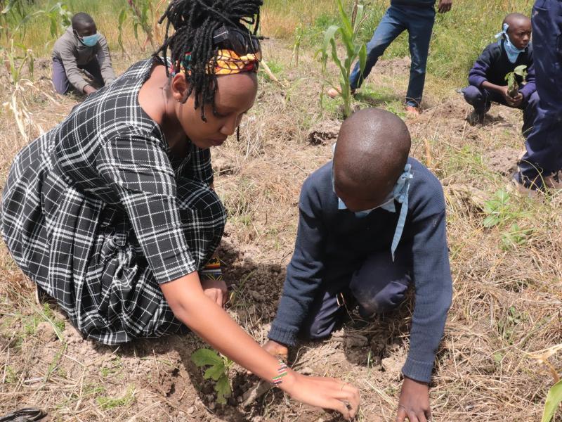 Woman and child plant together a tree in a field